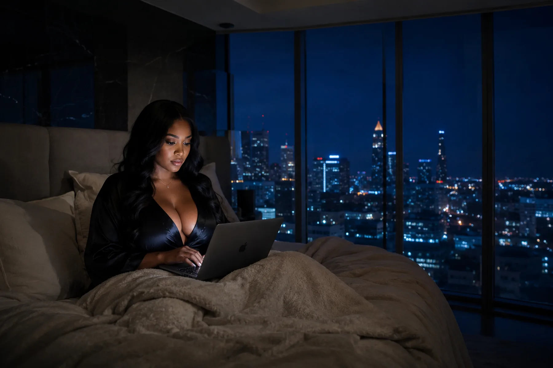 A dark high-rise bedroom at night, a woman working on a laptop in bed while the city skyline glows behind the window