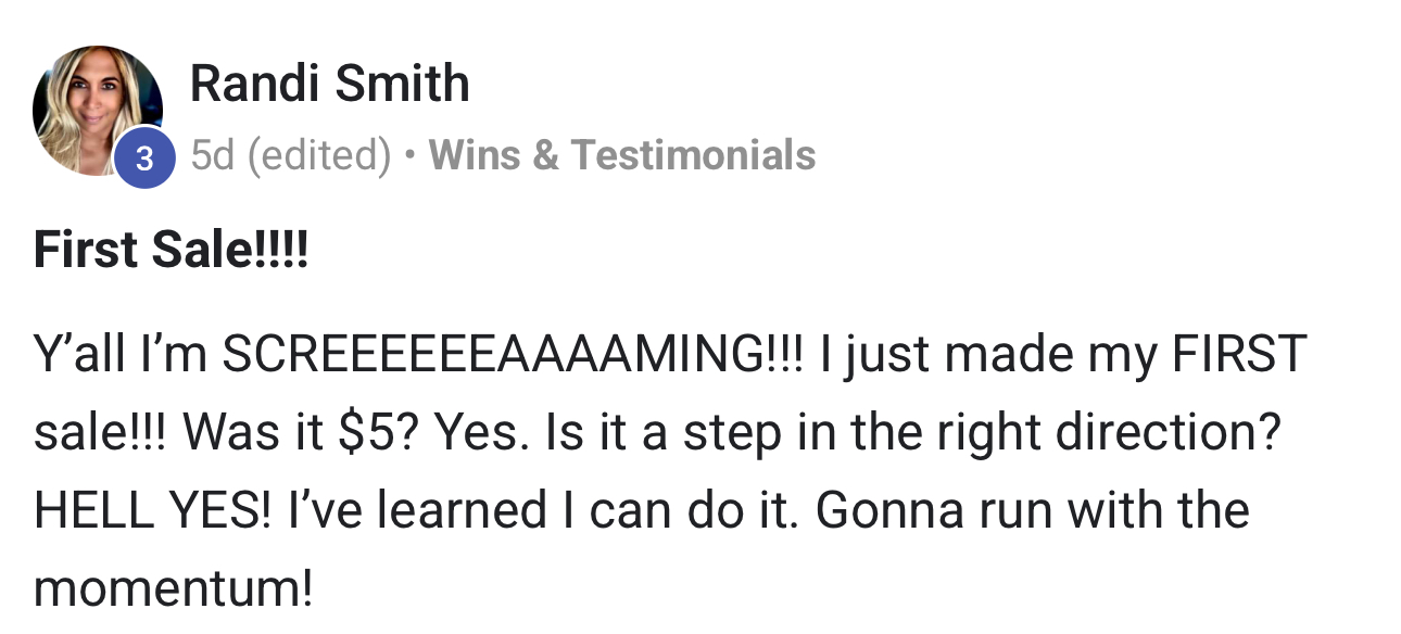 Community post titled “First Sale!!!!” describing a first sale and running with the momentum.